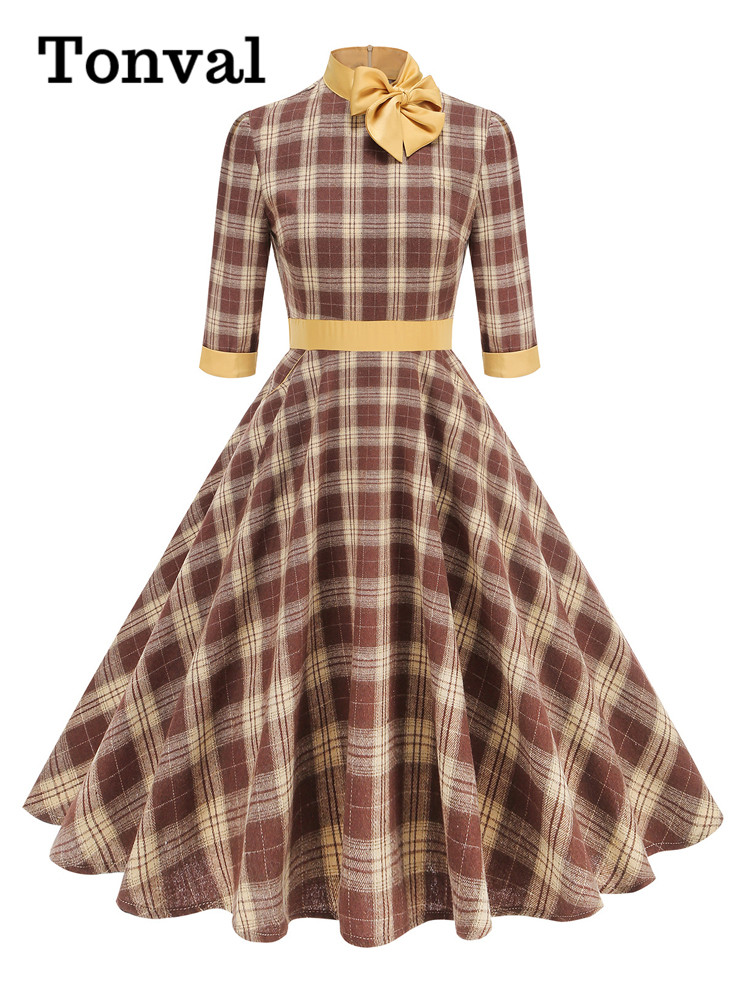 Women'S Fashion Of The 50S - Tonval-فستان نسائي أنيق منقوش ذو جيوب