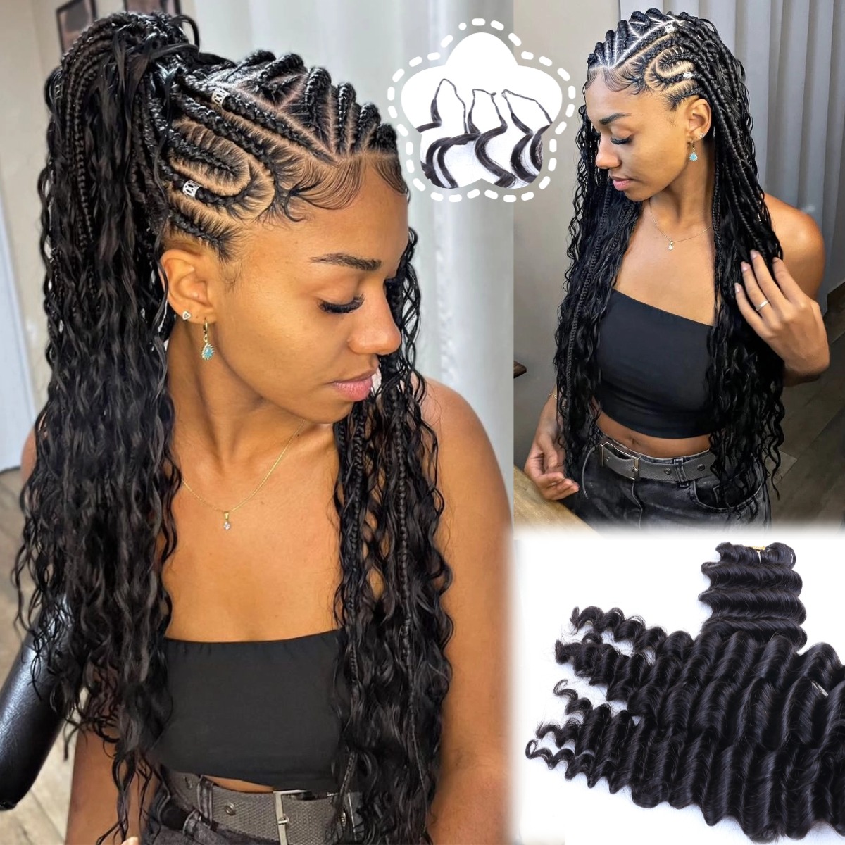Women Fashion Hair Style - حزم شعر طبيعي أسود بتموجات عميقة،